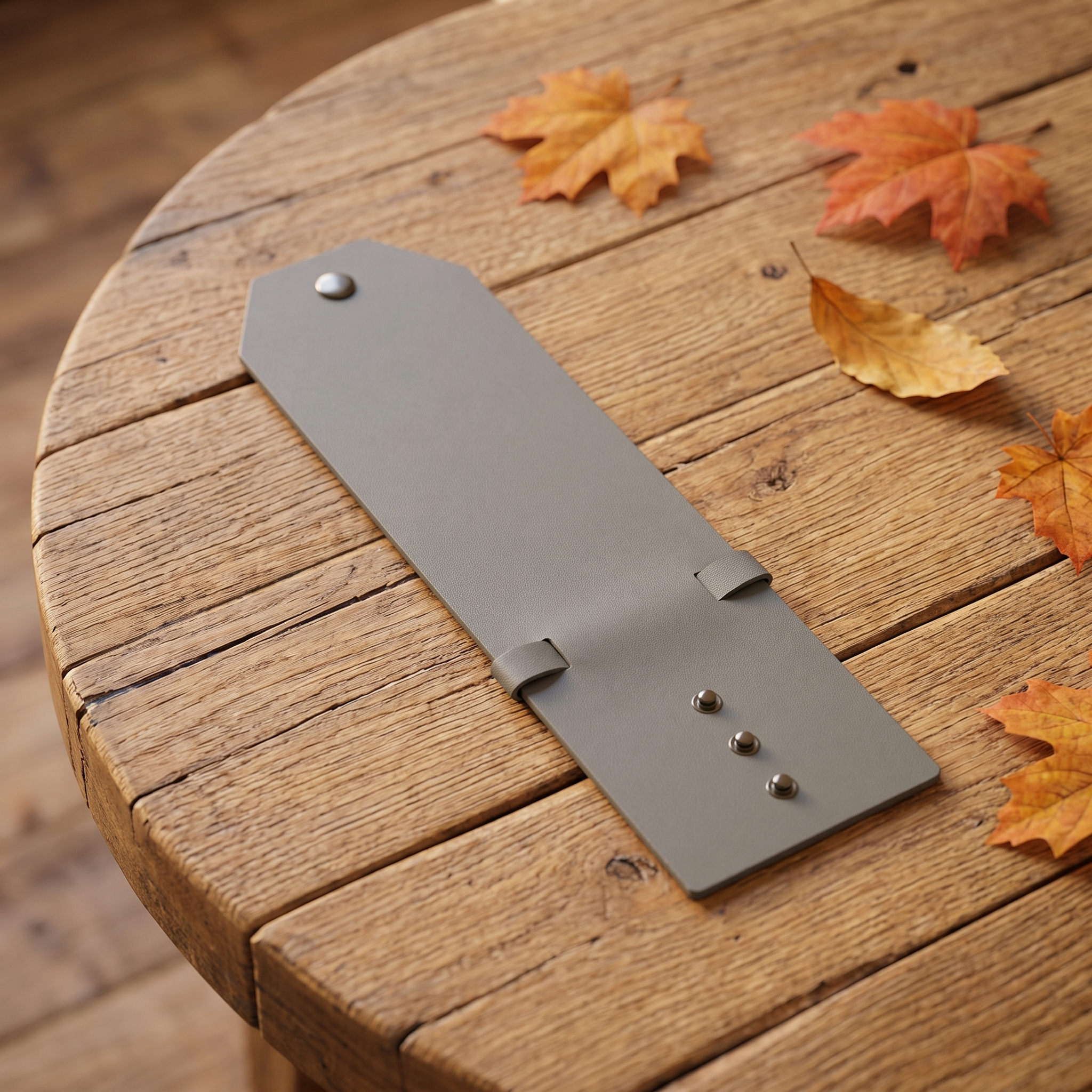 Slim cash clip on a rustic wooden table with fall leaves